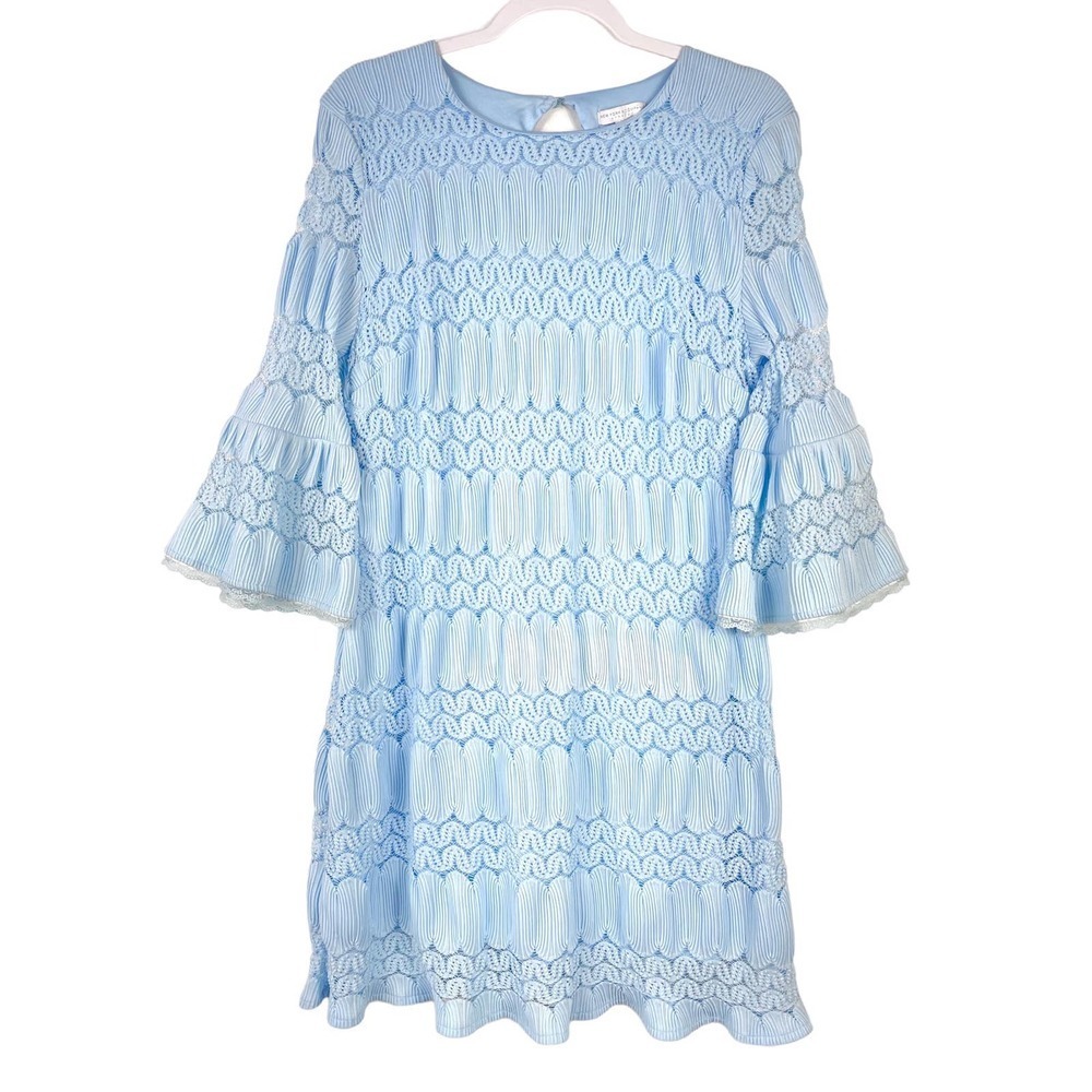 New York & Co Knee Length Pale Blue Lace Bell Sleeve Dress | Large
